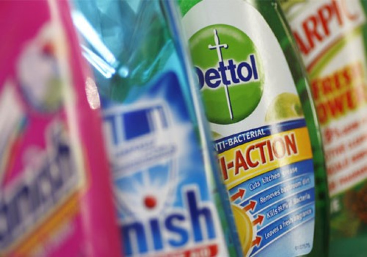 Products produced by Reckitt Benckiser - Vanish, Finish, Dettol and Harpic - are seen in London
