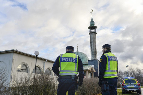 Police outside a mosque in Uppsala