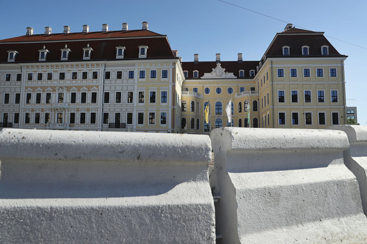 A low barricade erected earlier in the day stands outside the Hotel Taschenbergpalais Kempinski Dresden