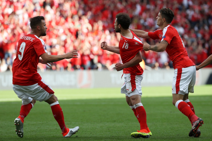Swiss players celebrating their goal