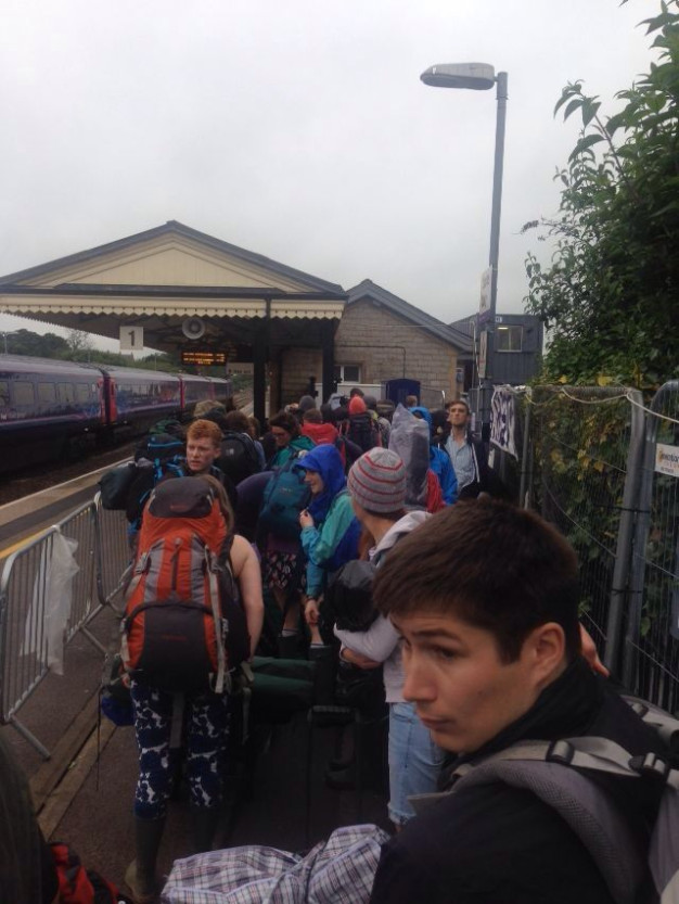 Glastonbury goers queue at Castle Cary Glastonbury goers queue at Castle Cary