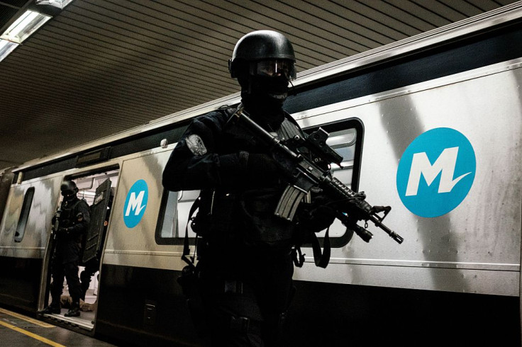 Brazilian police officers train for security measures and emergency situations in coordination with the French national police (REID) before the Rio 2016 Olympic and Paralympic Games, in a subway station in Rio de Janeiro,