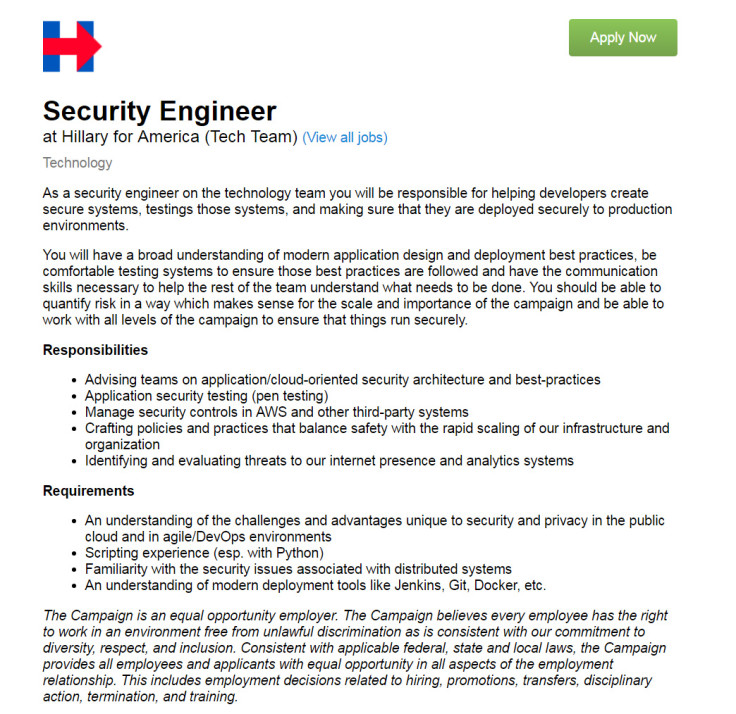 Hillary for America seeks security engineer