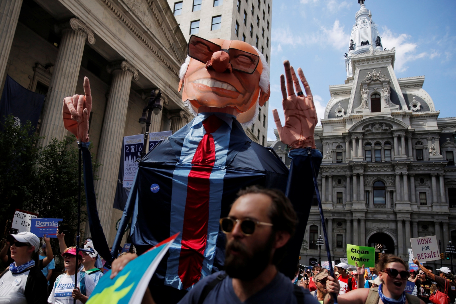 Bernie Sanders supporters protest outside the Democrat National Convention