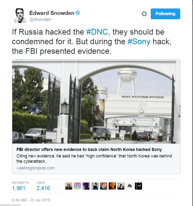  Whistleblower Edward Snowden says NSA would know if Russia is involved in DNC hack