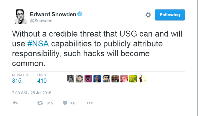 Whistleblower Edward Snowden says NSA would know if Russia is involved in DNC hack