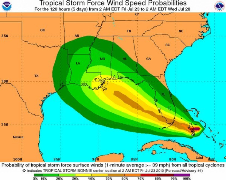 Tropical Storm Bonnie's expected trajectory in the next 120 hours, according to the National Oceanic and Atmospheric Administration