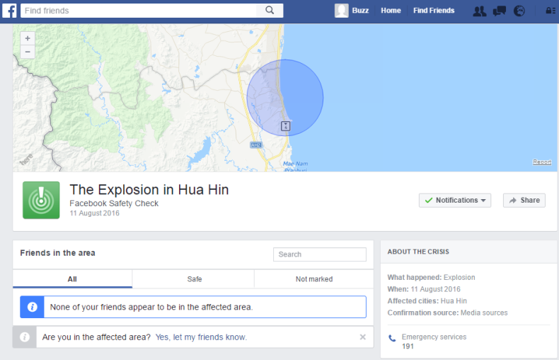 Thailand bomb attack Facebook Safety Check
