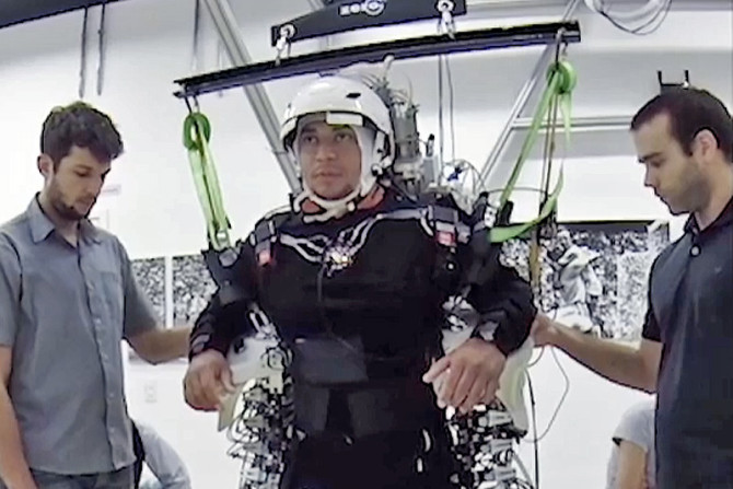 A paraplegic in a robotics exoskeleton suit