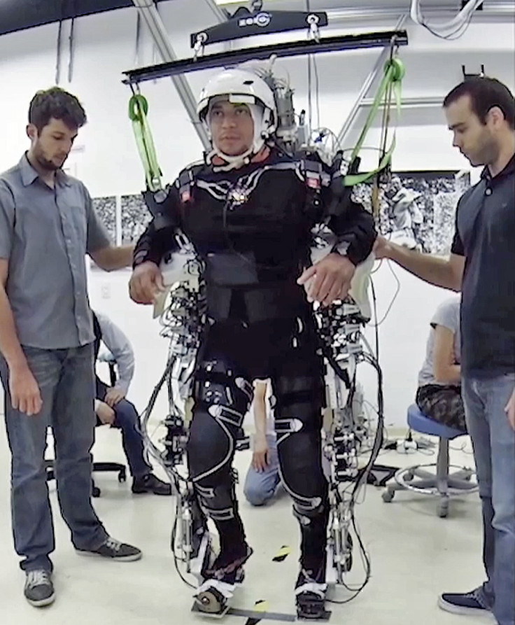 A paraplegic in a robotics exoskeleton suit