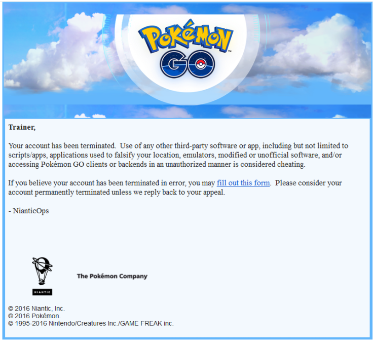 Pokemon Go ban email