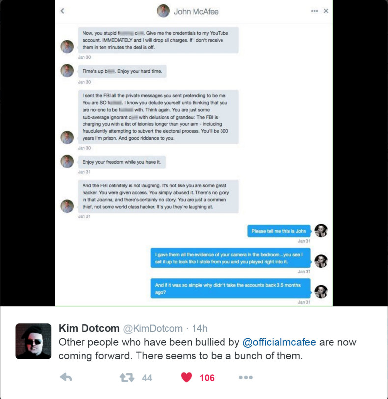 Redacted tweet showing McAfee's exchange with hacker