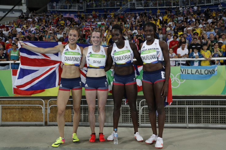 The relay team celebrate their success