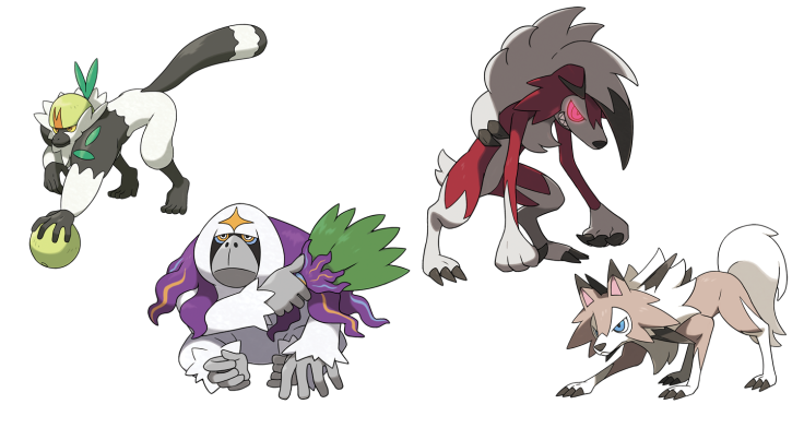 L-R) Passimian, Oranguru and the two forms of Lycanroc. 