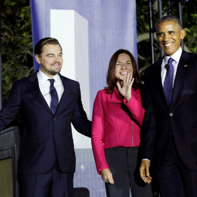 Leonardo DiCaprio, Katharine Hayhoe and Barack Obama