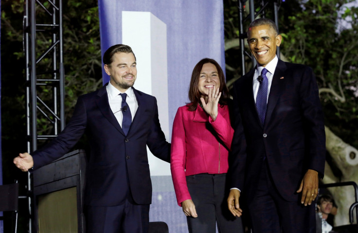 Leonardo DiCaprio, Katharine Hayhoe and Barack Obama