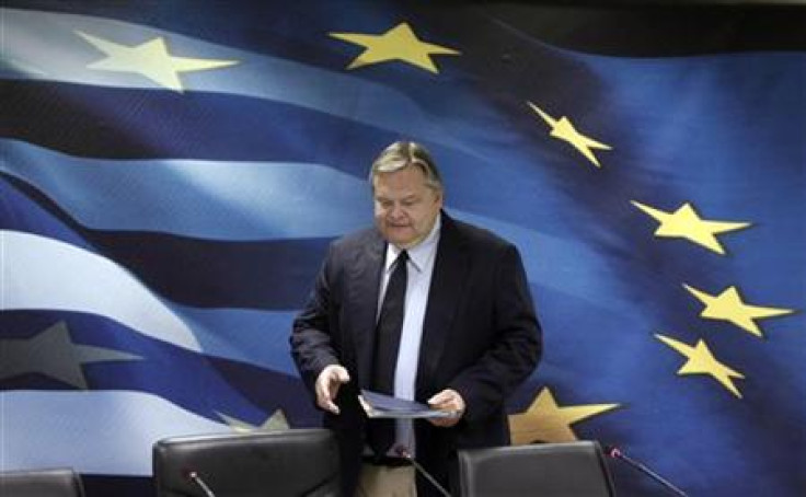 Greece&#039;s Finance Minister Evangelos Venizelos arrives for a news conference in Athens