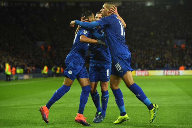Leicester players celebrate their goal Leicester players celebrate their goal