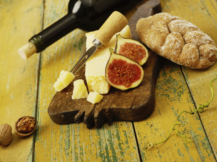 Cheese, wine, figs, bread