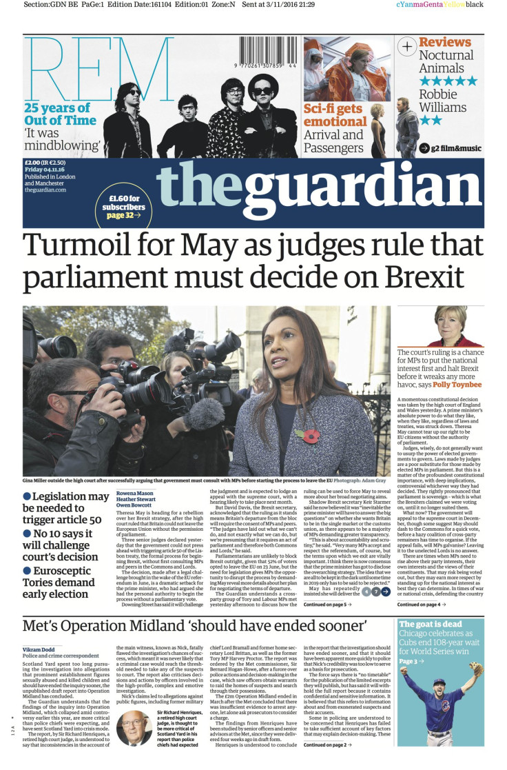 Guardian front page after High Court ruling