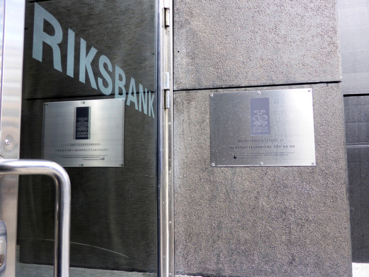 A view of an entrance of Sweden's central bank in Stockholm