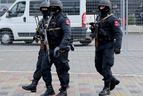 Albanian special policemen patrol at the Elbasan Arena stadium before the 2018 World Cup group G qualifying football match between Albania and Israel, in Elbasan on November 12, 2016. 