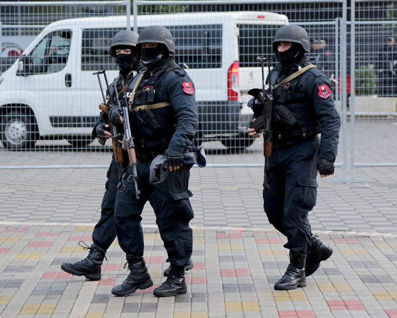 Albanian special policemen patrol at the Elbasan Arena stadium before the 2018 World Cup group G qualifying football match between Albania and Israel, in Elbasan on November 12, 2016. 
