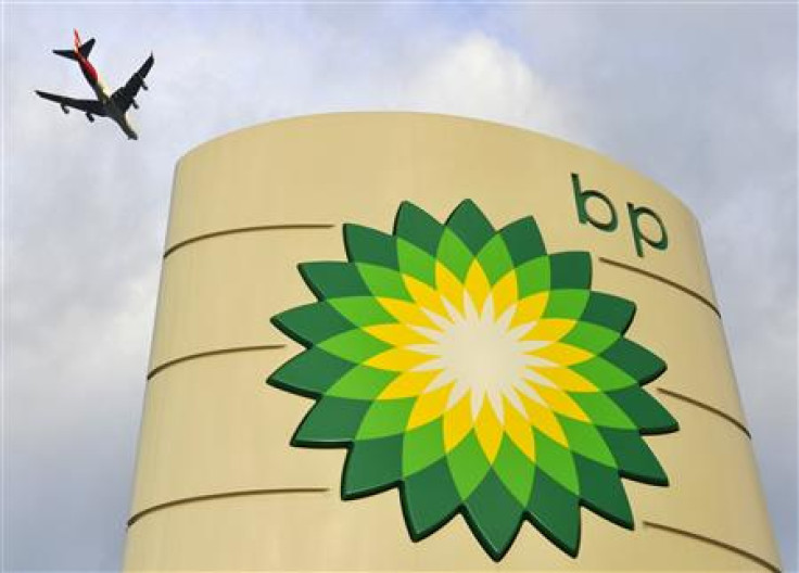 A logo is seen at a BP fuel station in London