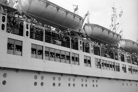  Passengers on board the Wilhelm Gustloff giving the Nazi salute shortly before leaving Tilbury Docks.