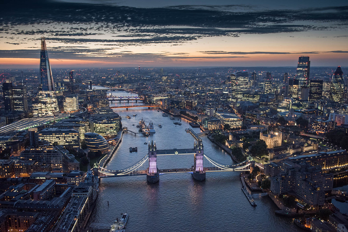 Jason Hawkes's most spectacular aerial photographs of London by night
