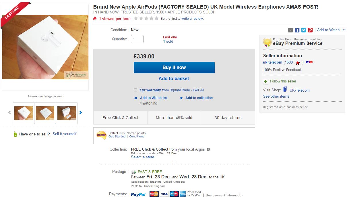 Apple AirPods on ebay selling for more than double their retail price