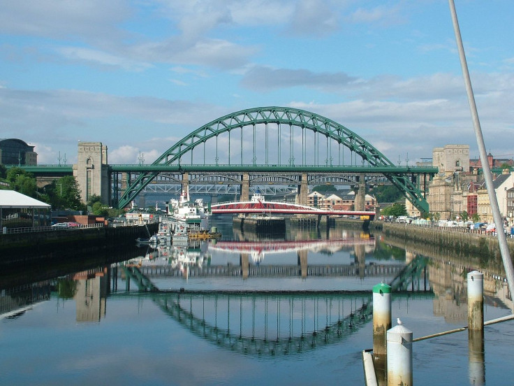 Tyne Bridge, in green, seen from the Gateshead Millennium Bridge