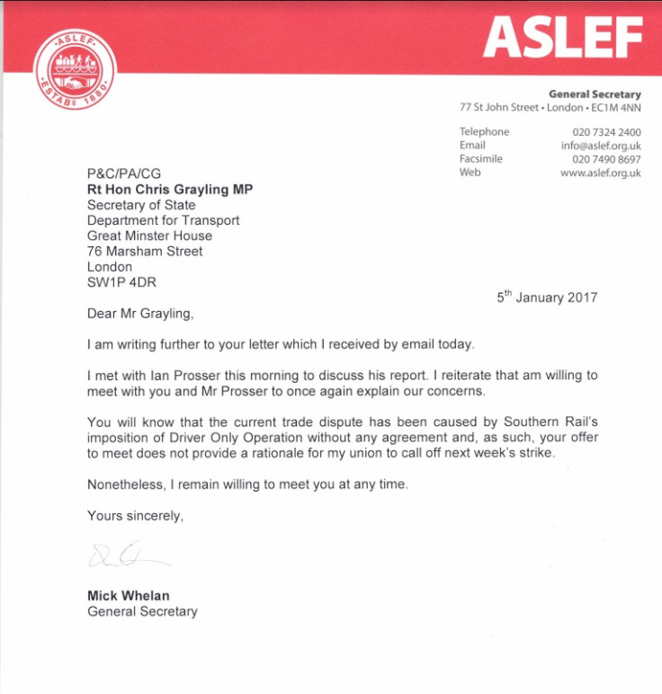 Aslef trade union letter