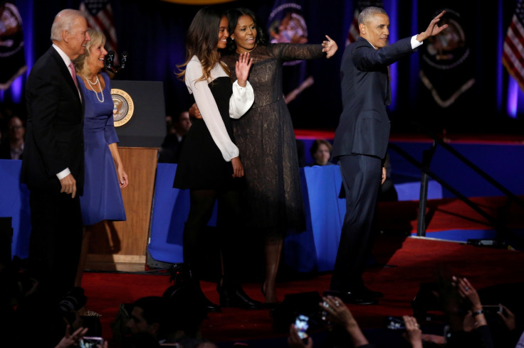 The Obama and Biden families wave farewell