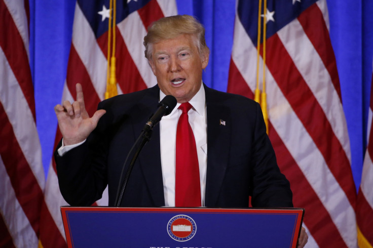 US President-elect Donald Trump speaks during a news conference in the lobby of Trump Tower in Manhattan