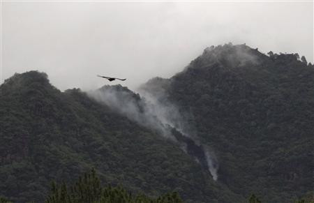 Smoke rises from the wreckage of a passenger plane which has crashed in The Margalla Hills on the outskirts of Islamabad