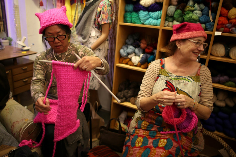 Knitters provide pink hats for protesters in the women's march
