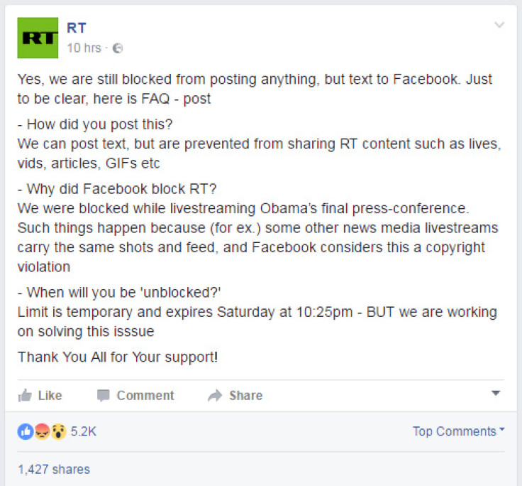 RT's Facebook posts about the block 