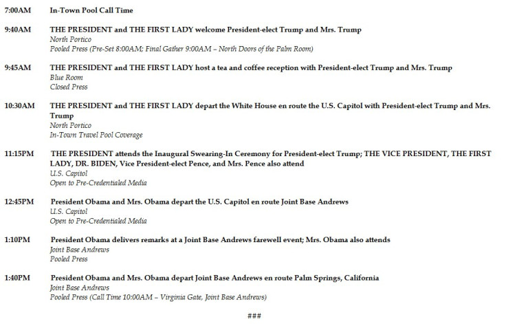 President Barack Obama's last schedule