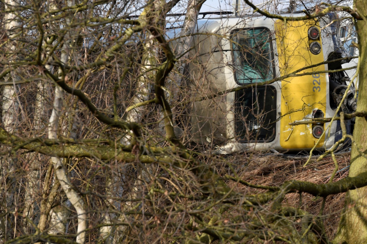 The wreckage of a passenger train is seen after it derailed in Kessel-Lo near Leuven, Belgium February 18, 2017