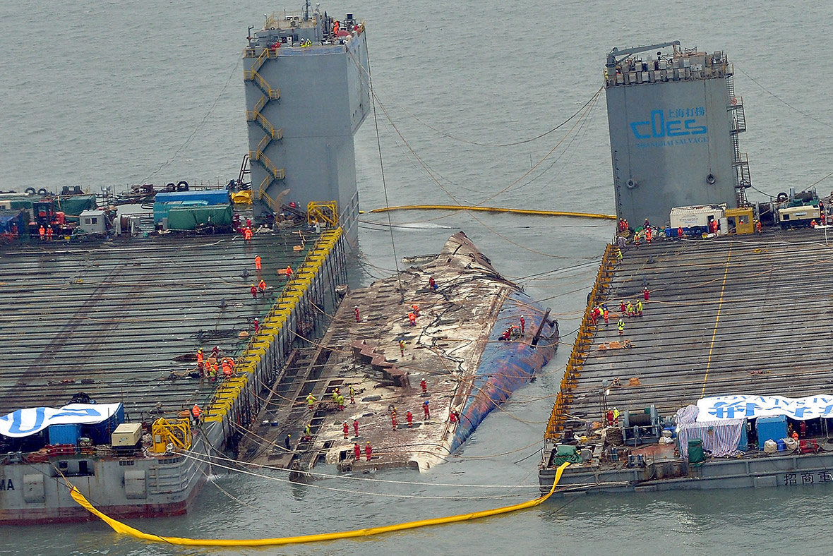 In Pictures South Koreas Sewol Ferry Emerges From The Sea Nearly Three Years After It Sank