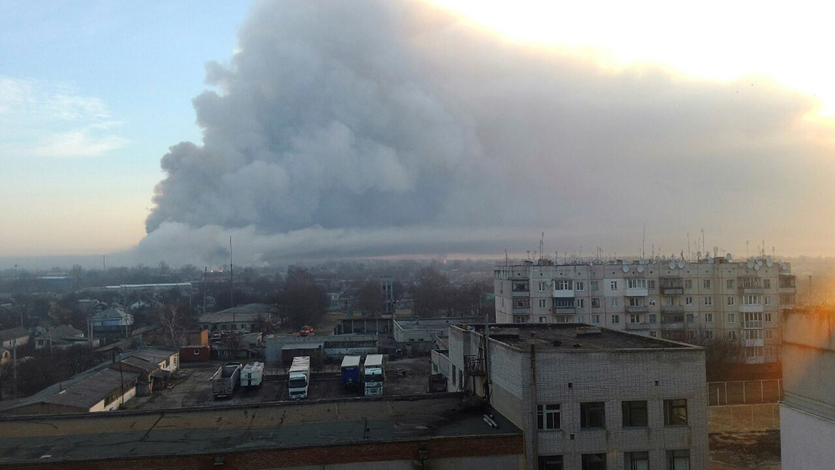 Russian military accused of causing huge explosion at arms depot in Ukraine