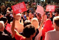 Momentum supporters and Jeremy Corbyn