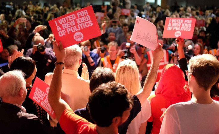 Momentum supporters and Jeremy Corbyn