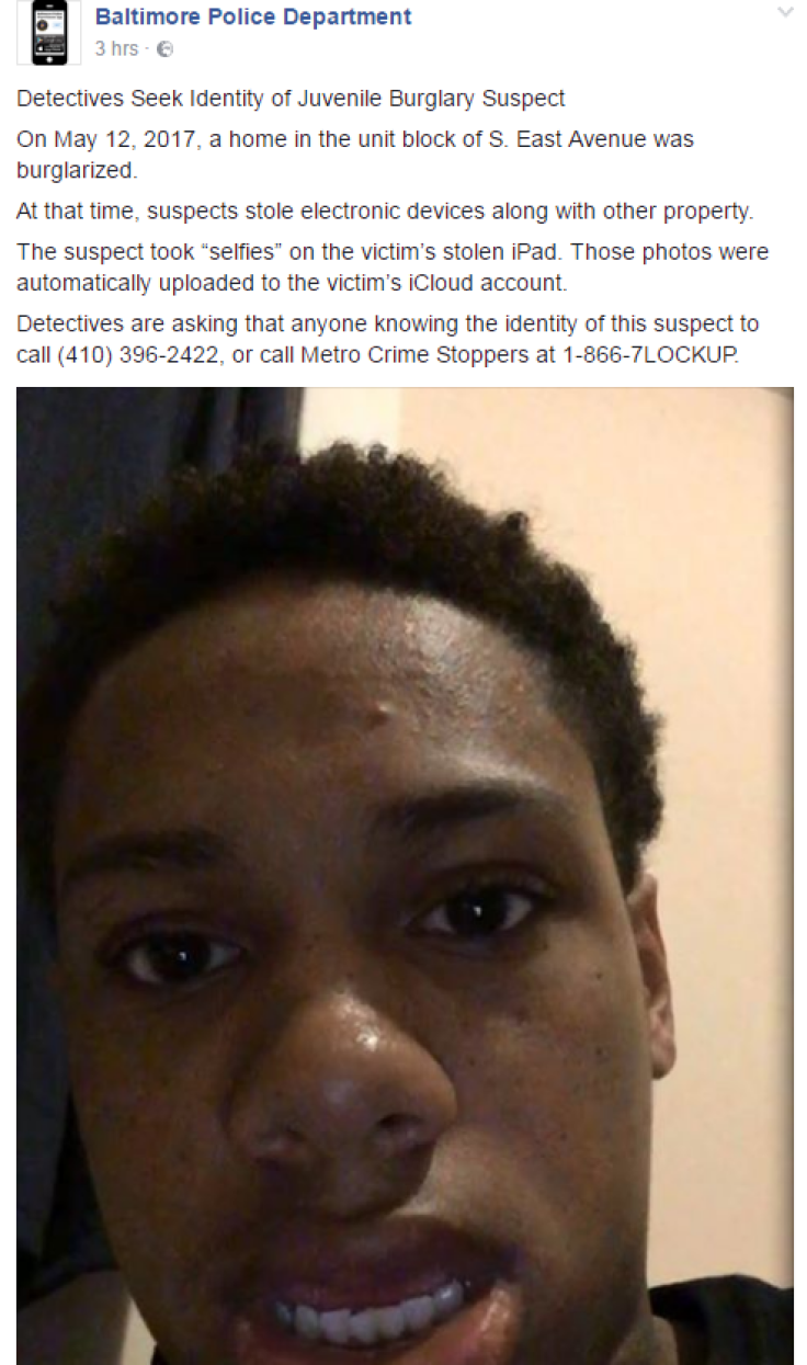 Burglar selfie Baltimore Facebook