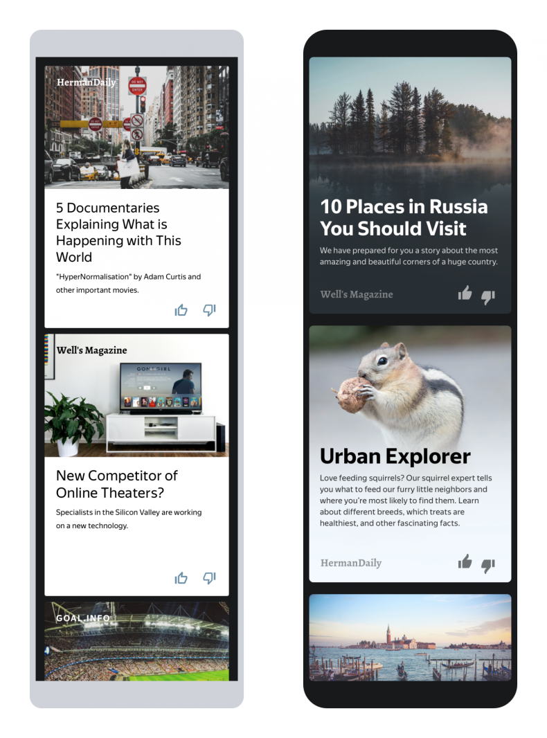 Examples of Yandex Zen content recommendations