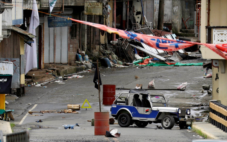 A view of the Maute group stronghold with an ISIS flag in Marawi City in southern Philippines. 