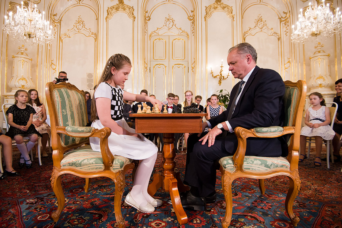 Andrej Kiska plays chess with Lucia Kapicakova