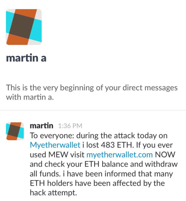 Fake MyEtherWallet Slack Message 