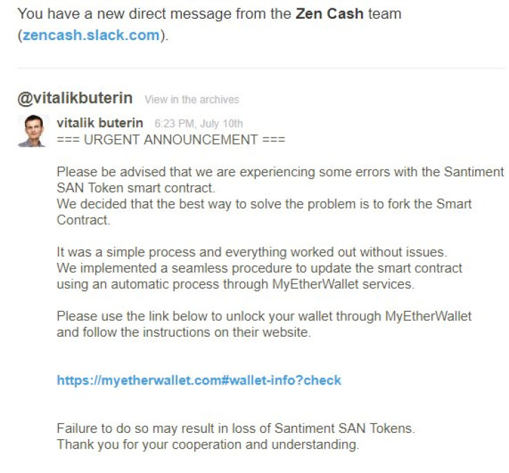 Fake MyEtherWallet Slack Message 